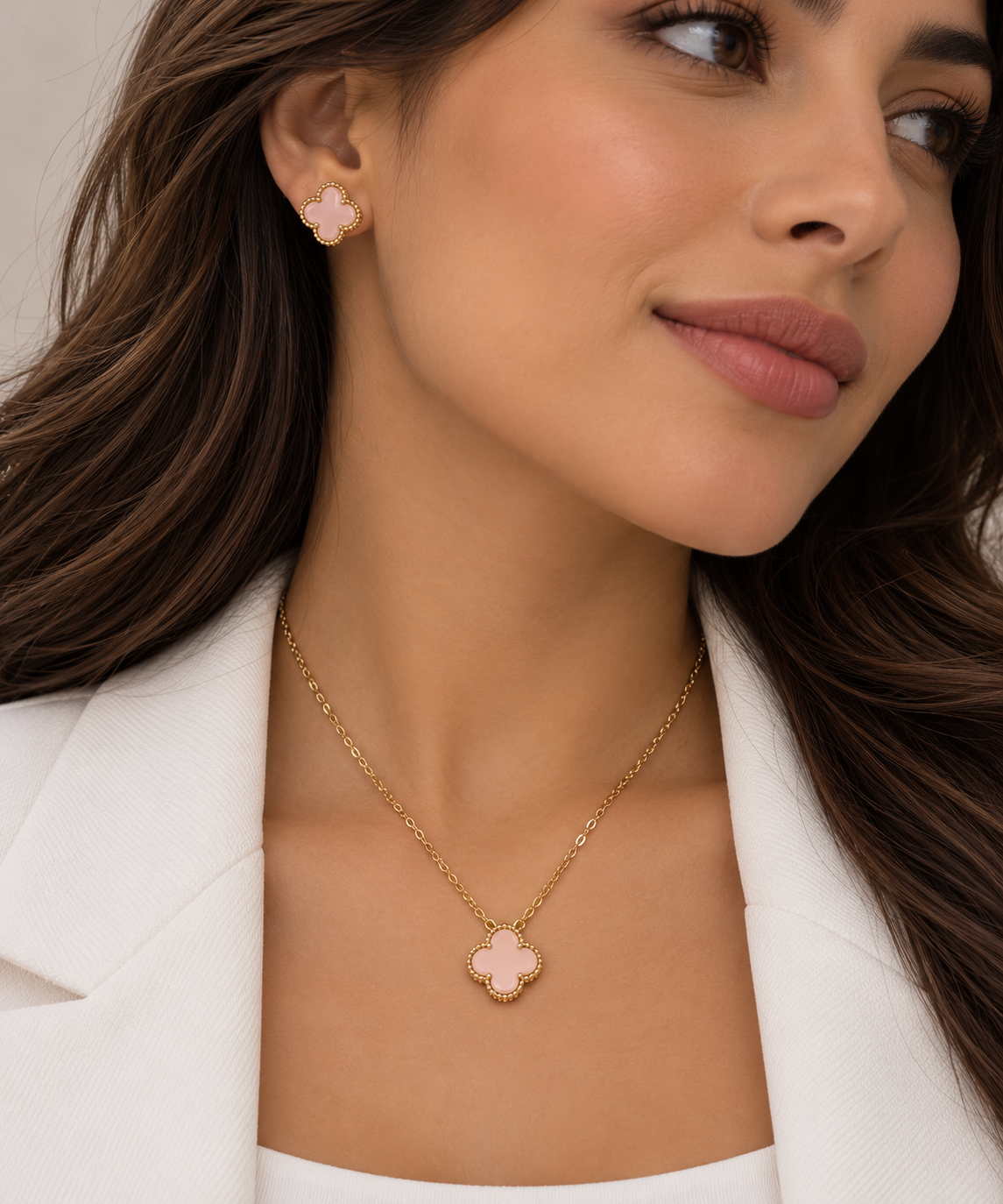 Pink Clover Necklace & Earrings Set