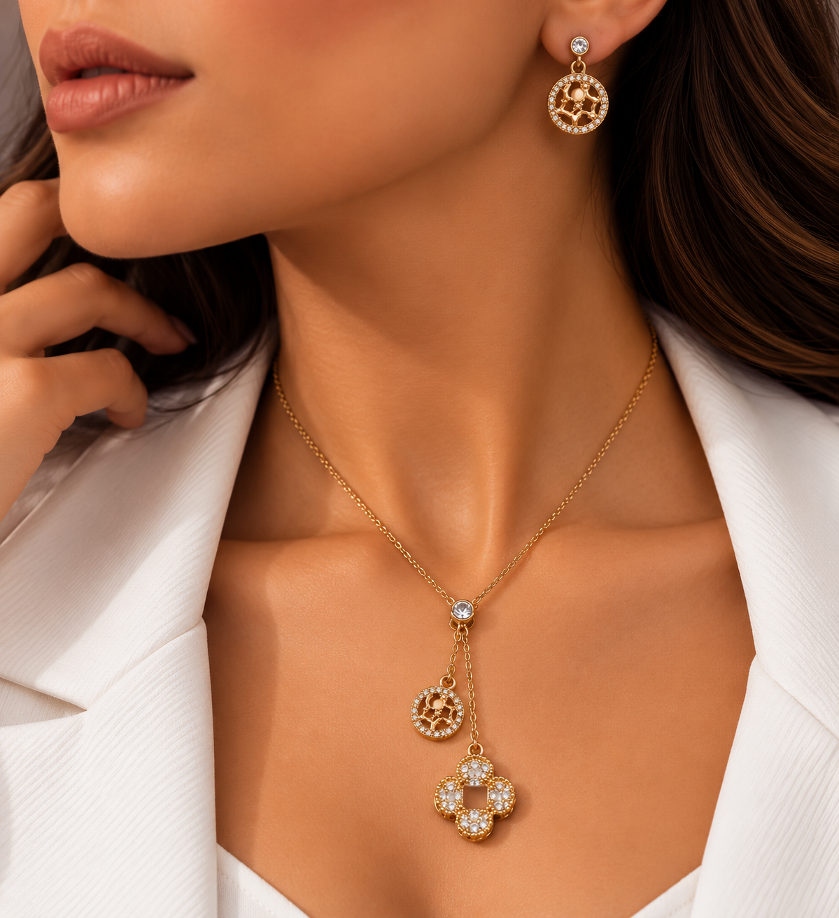 Gold Double Charm Crystal Jewelry Set