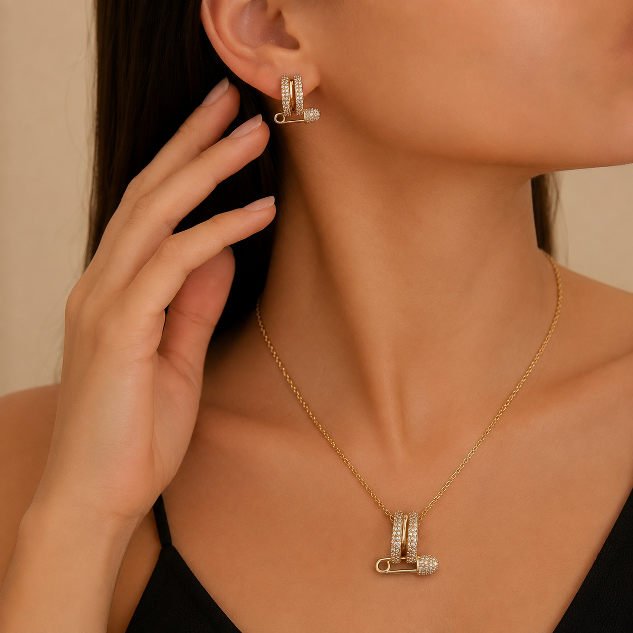 Gold Safety Pin Necklace & Earrings Set