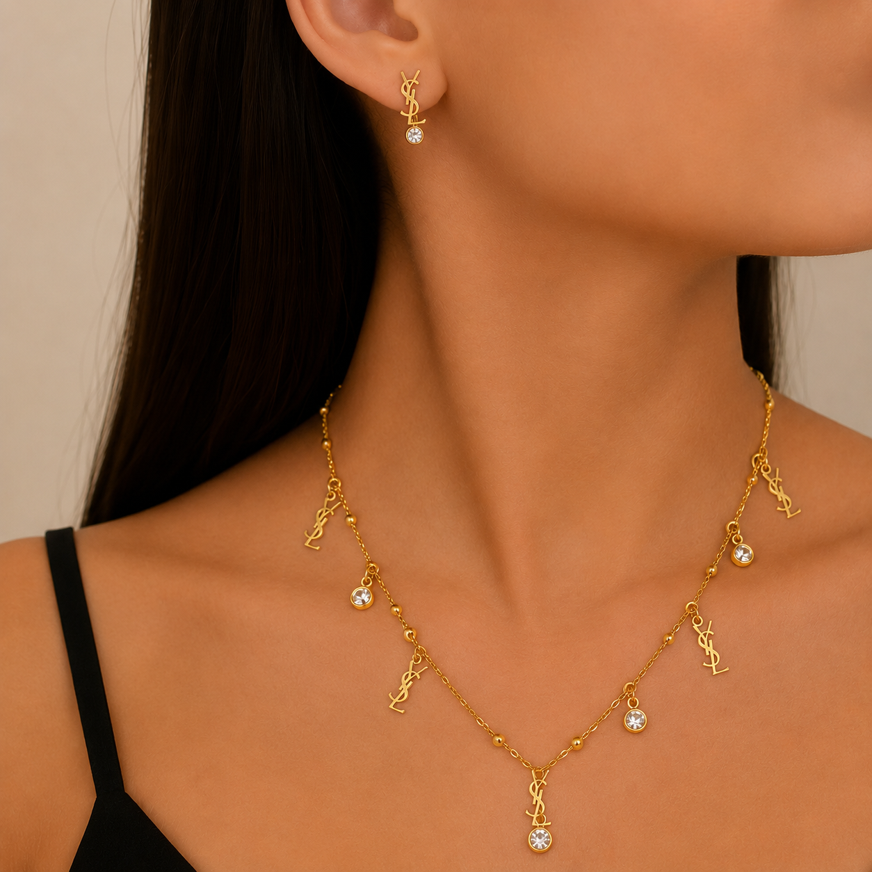 Gold Logo Charm Necklace & Earrings Set