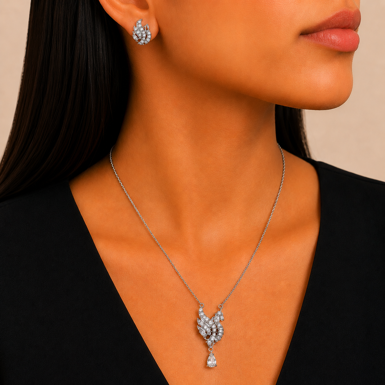 Silver Crystal Swan Jewelry Set