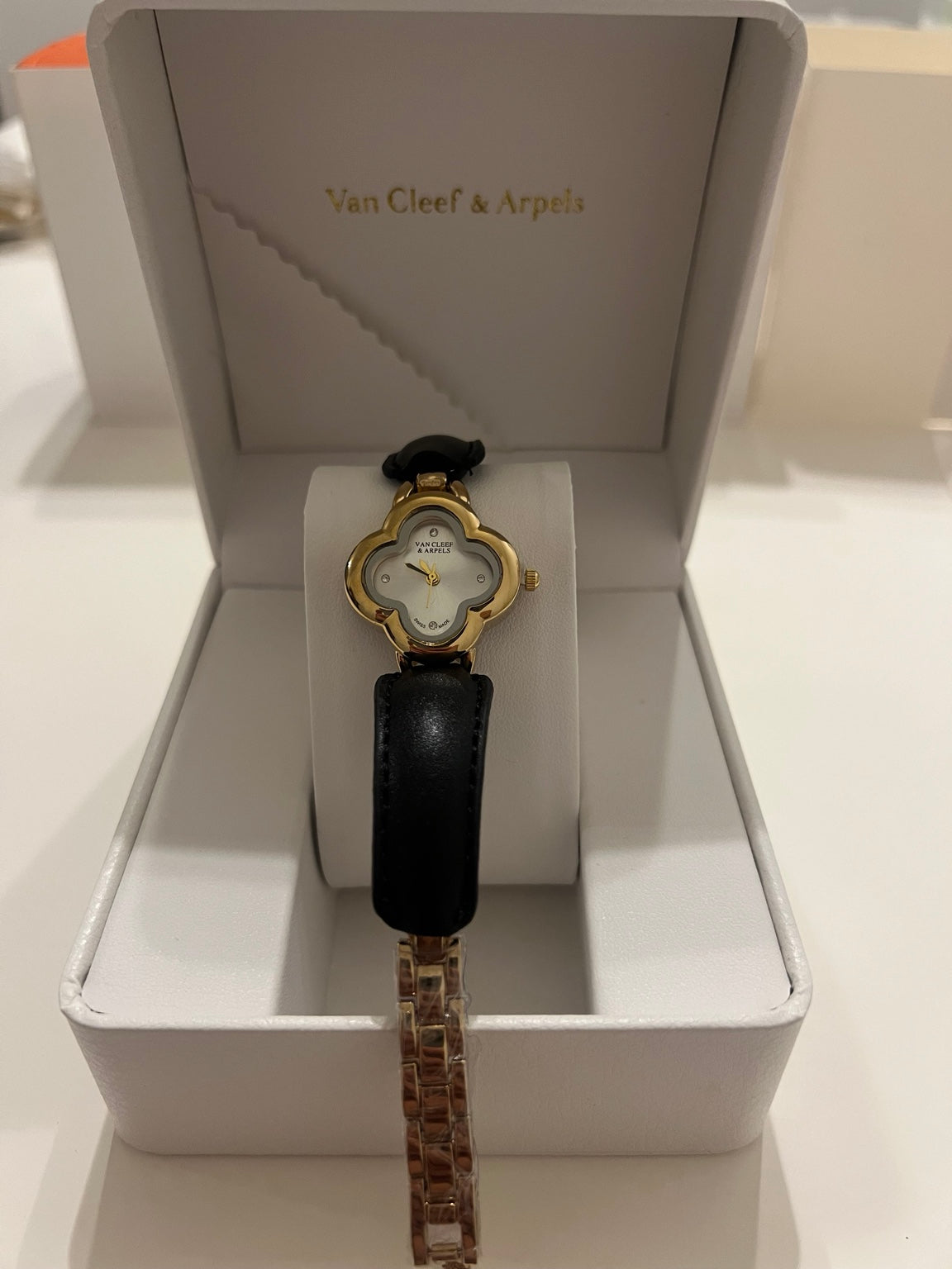 Van Cleef & Arpels Alhambra Black Leather Strap Watch – Gold Edition