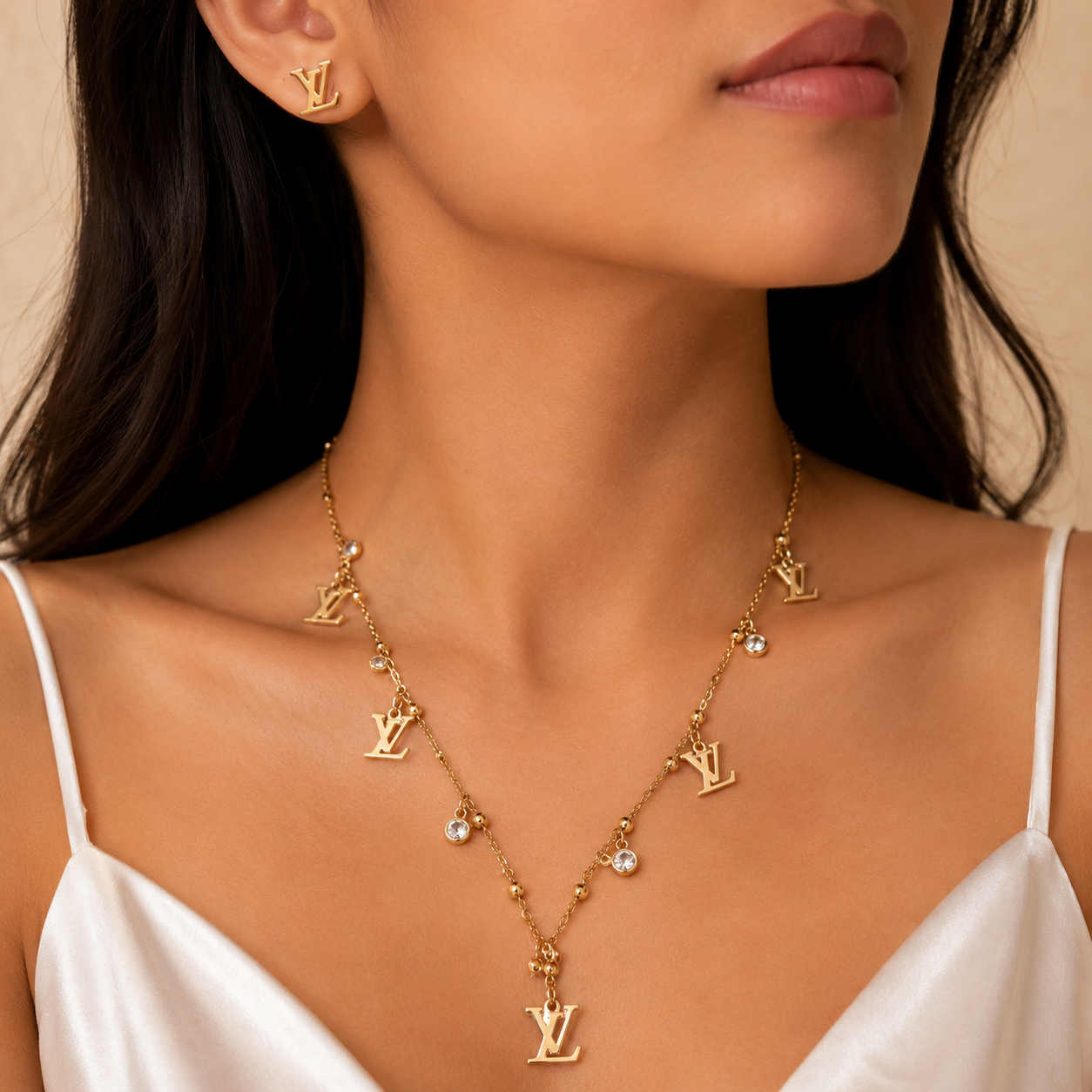 Louis Vuitton Monogram Crystal Charm Necklace & Stud Earrings Set – Gold