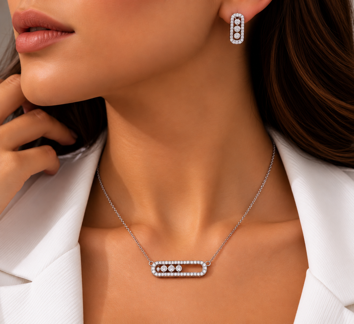 Silver Triple Crystal Jewelry Set – Horizontal Design