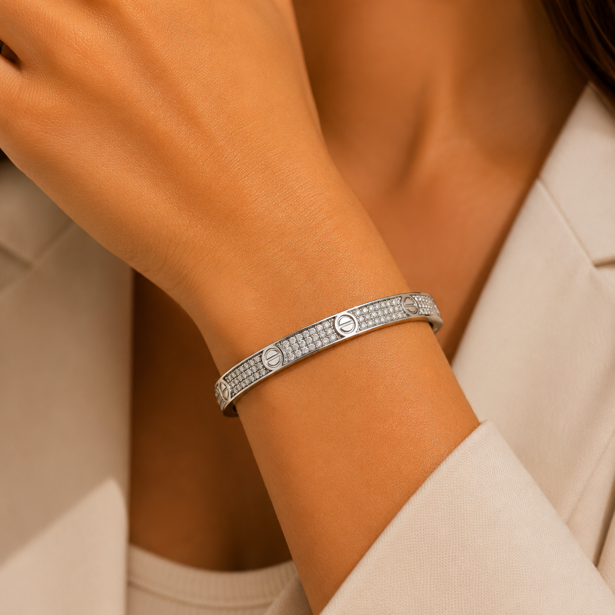 Silver Crystal Screw Bangle Bracelet