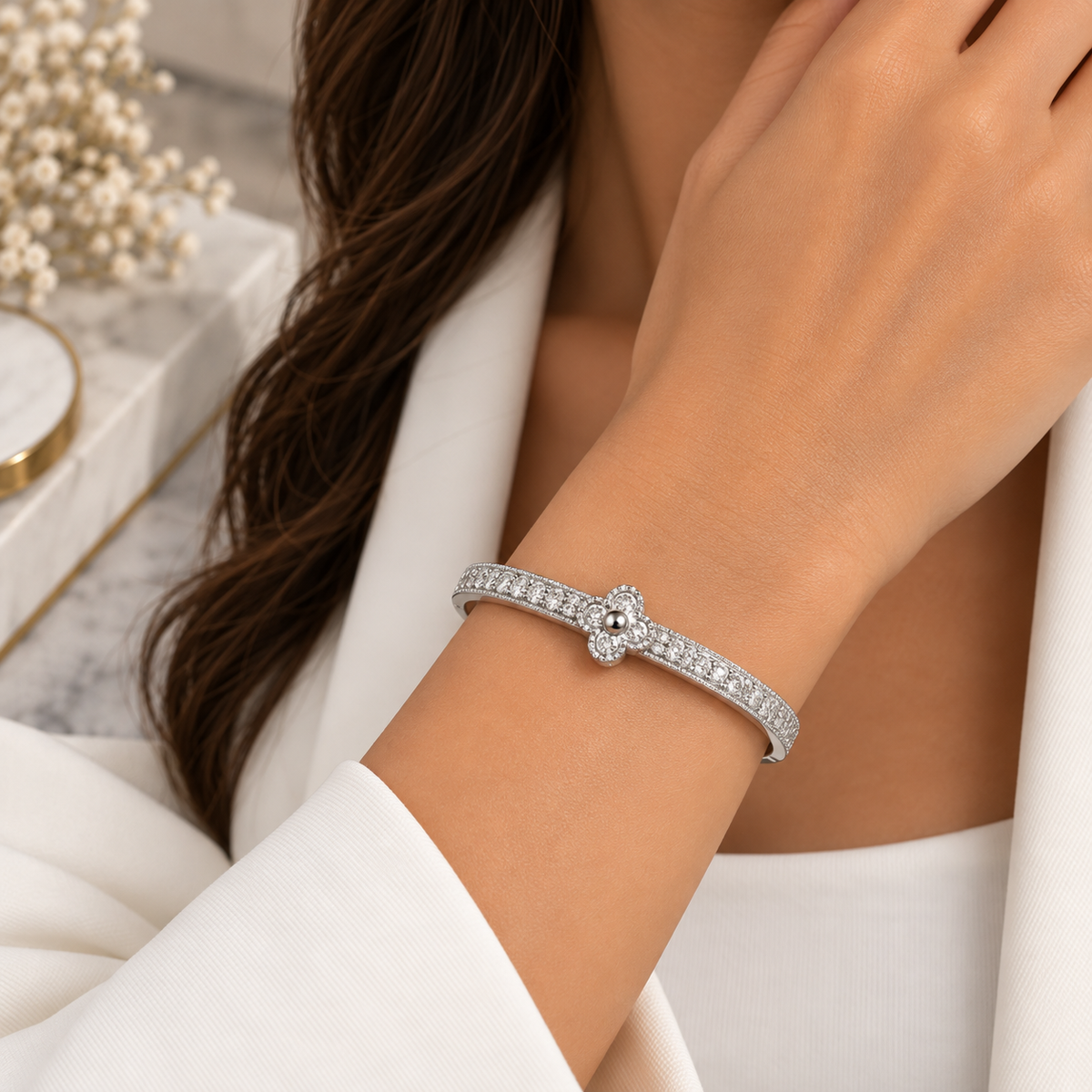 Silver Crystal Clover Bracelet