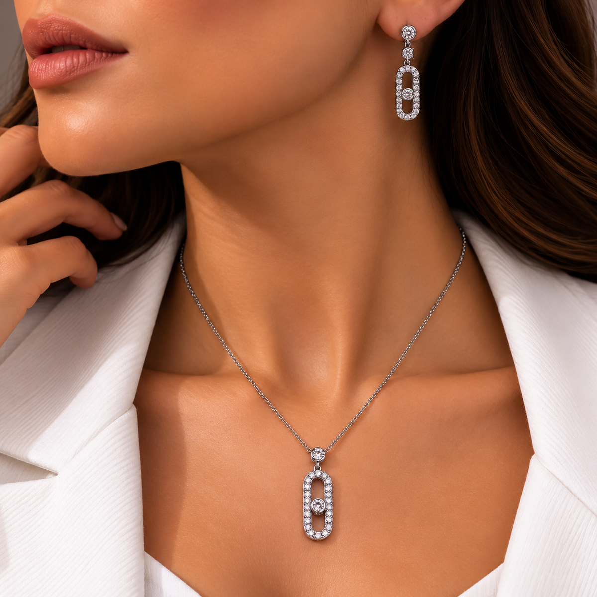 Silver Oval Crystal Jewelry Set – Single Stone
