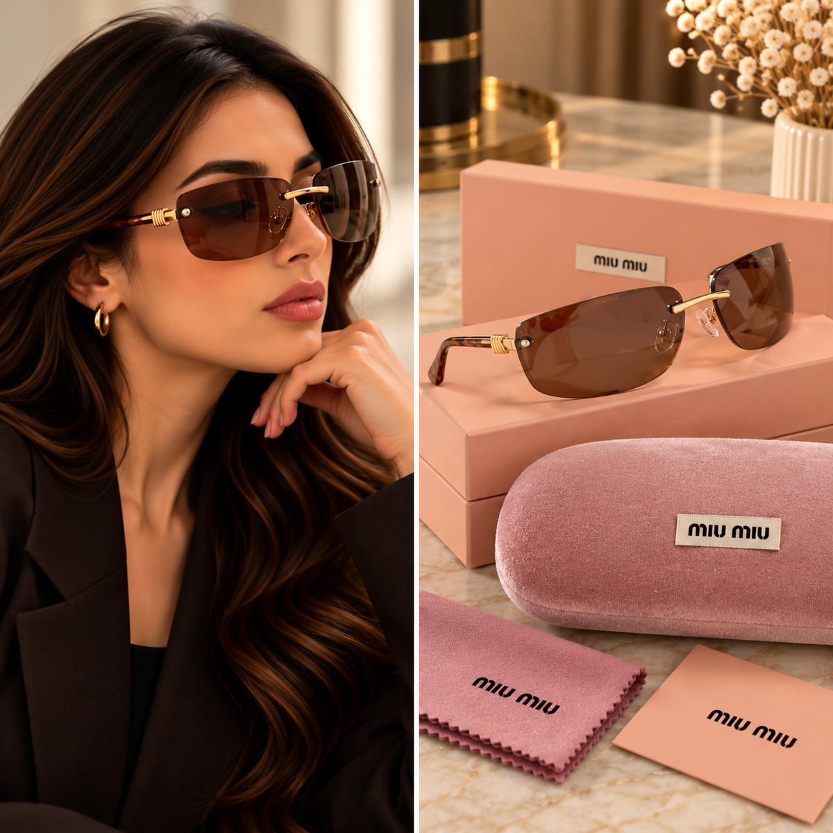 Miu Miu Brown Rimless Rectangular Sunglasses