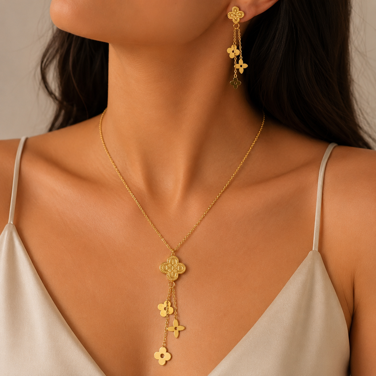 Floral Cascade Necklace & Earrings Set – Gold