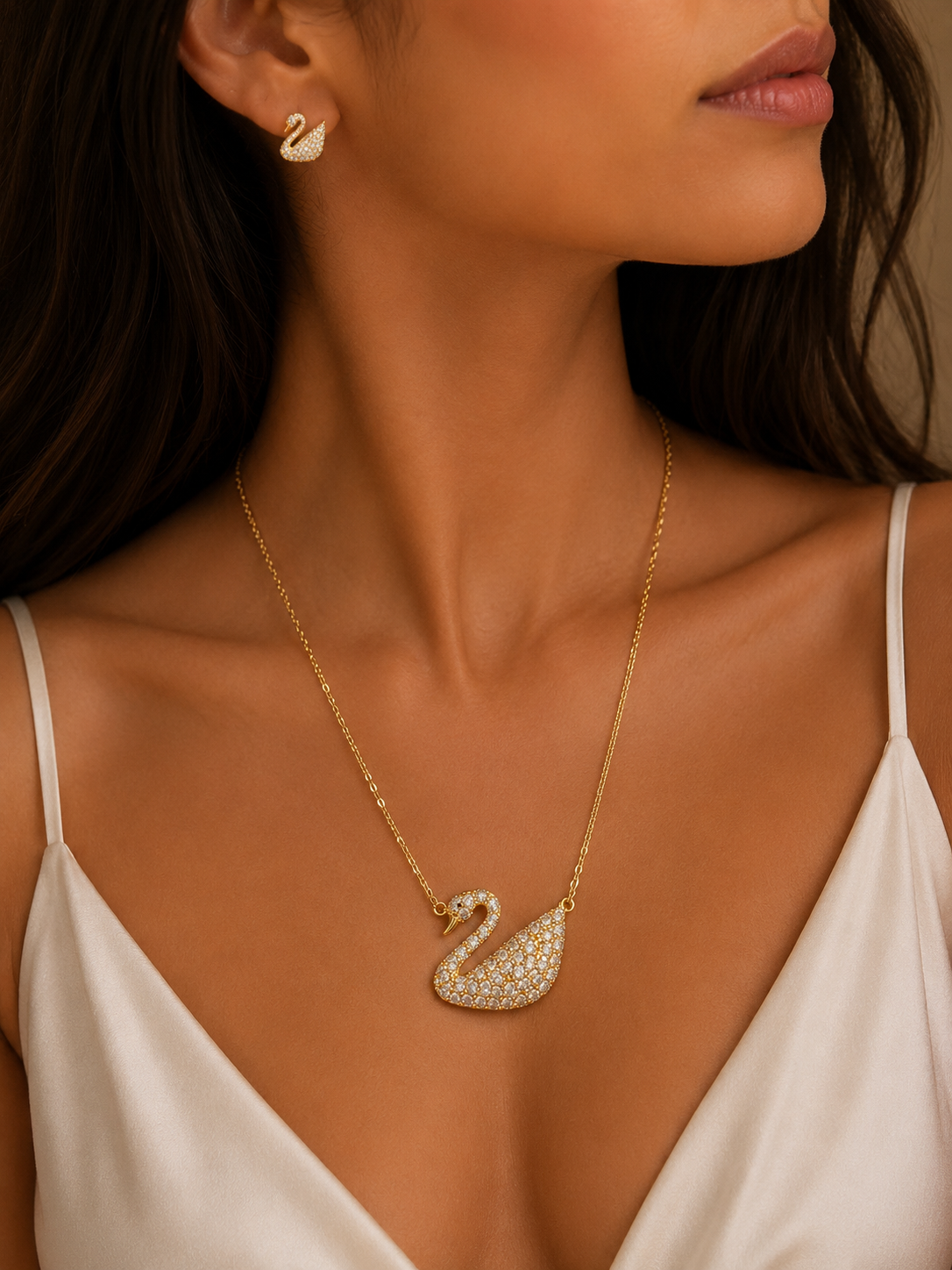 Gold Swan Necklace & Earrings Set