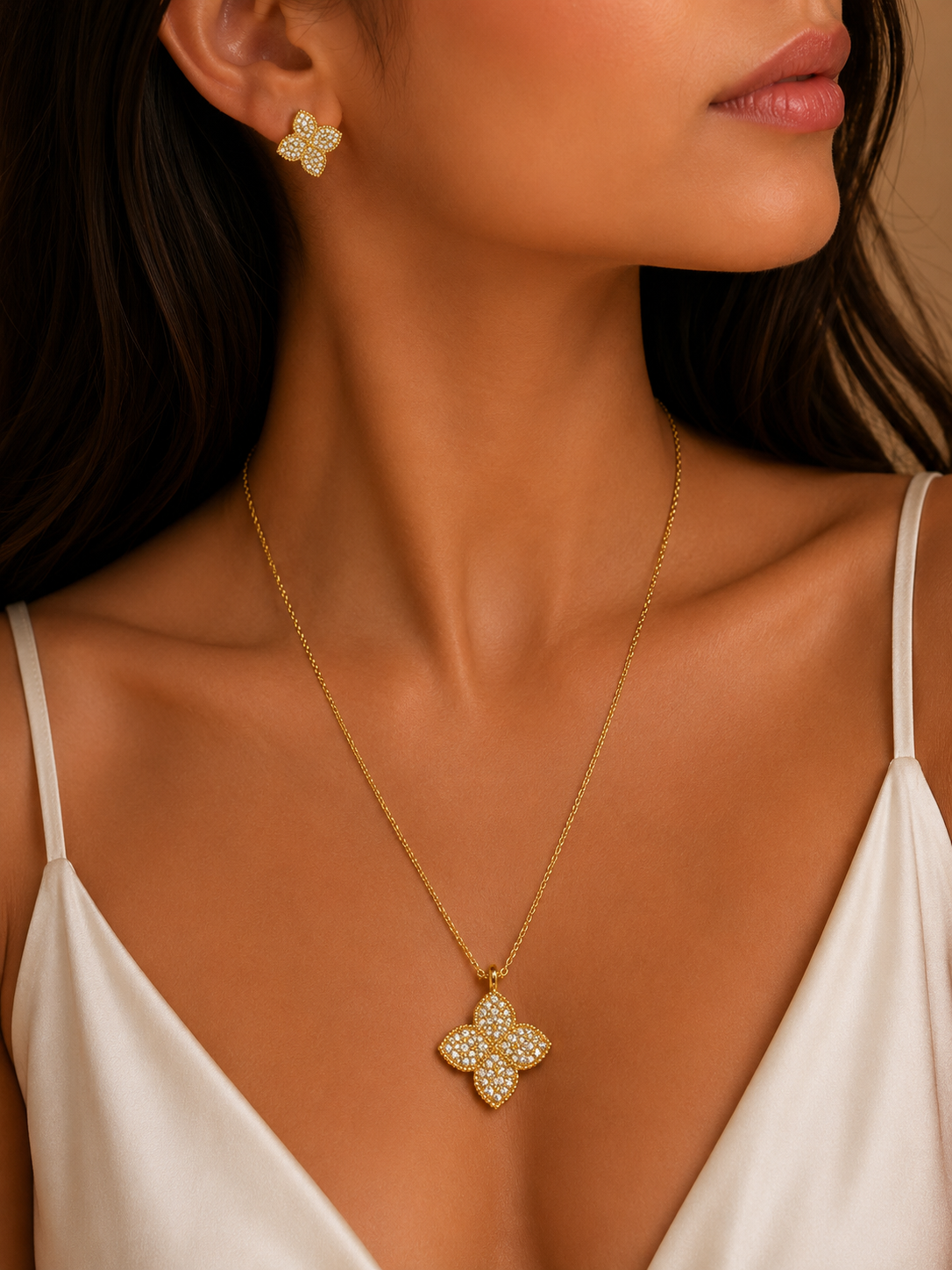 Gold Crystal Clover Necklace & Earrings Set