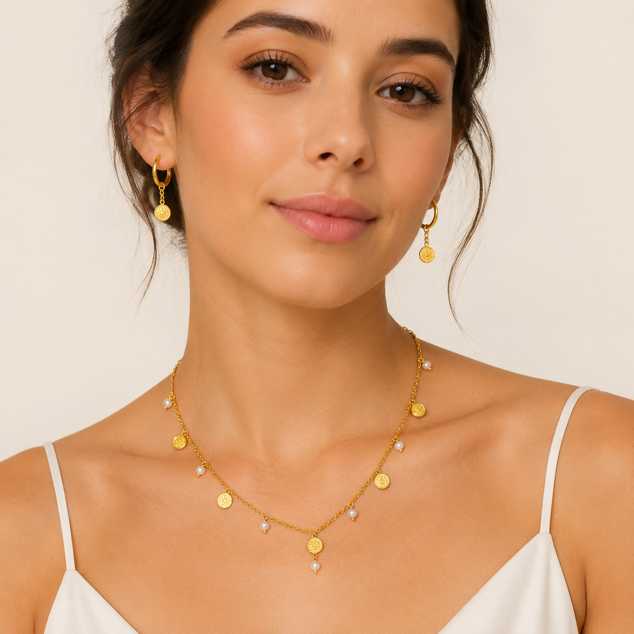 Gold Pearl & Coin Necklace Set