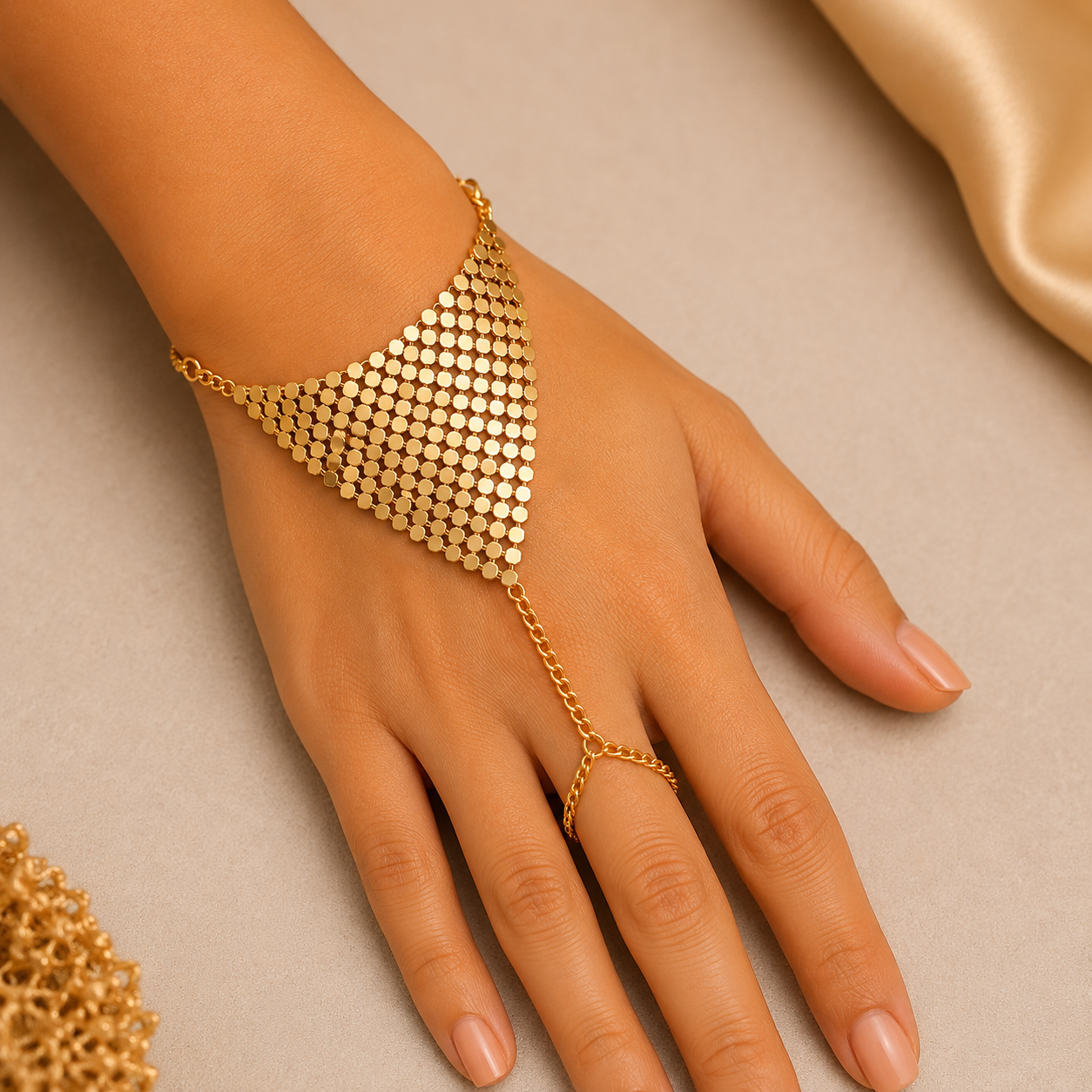Golden Mesh Hand Chain Bracelet