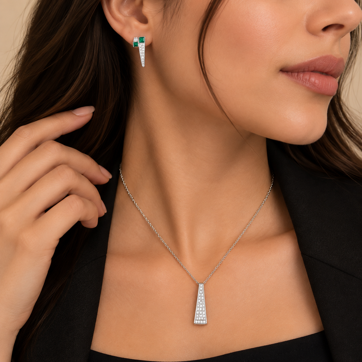 Silver Crystal Pendant Necklace & Earrings Set
