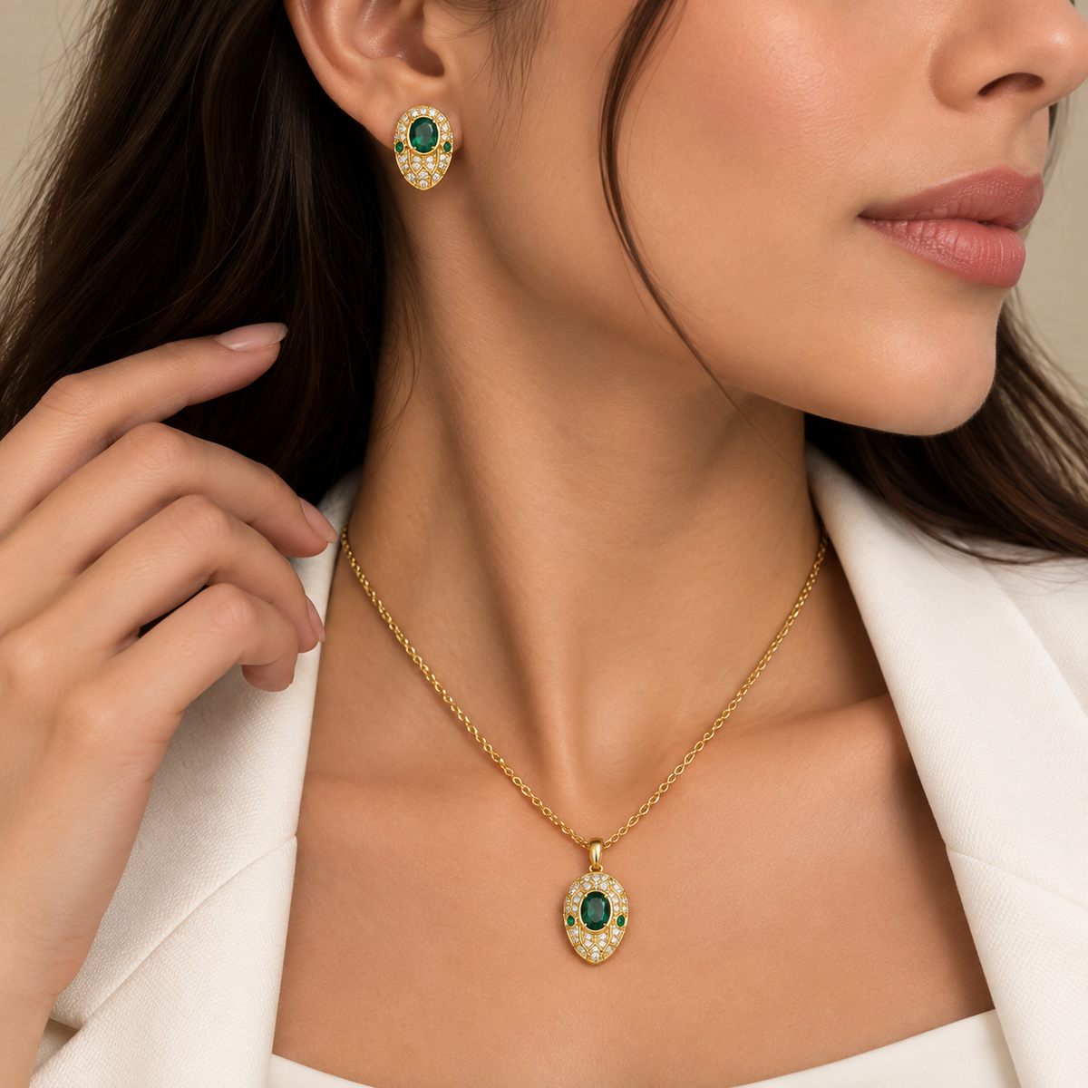 Emerald Green Pendant Necklace & Earrings Set