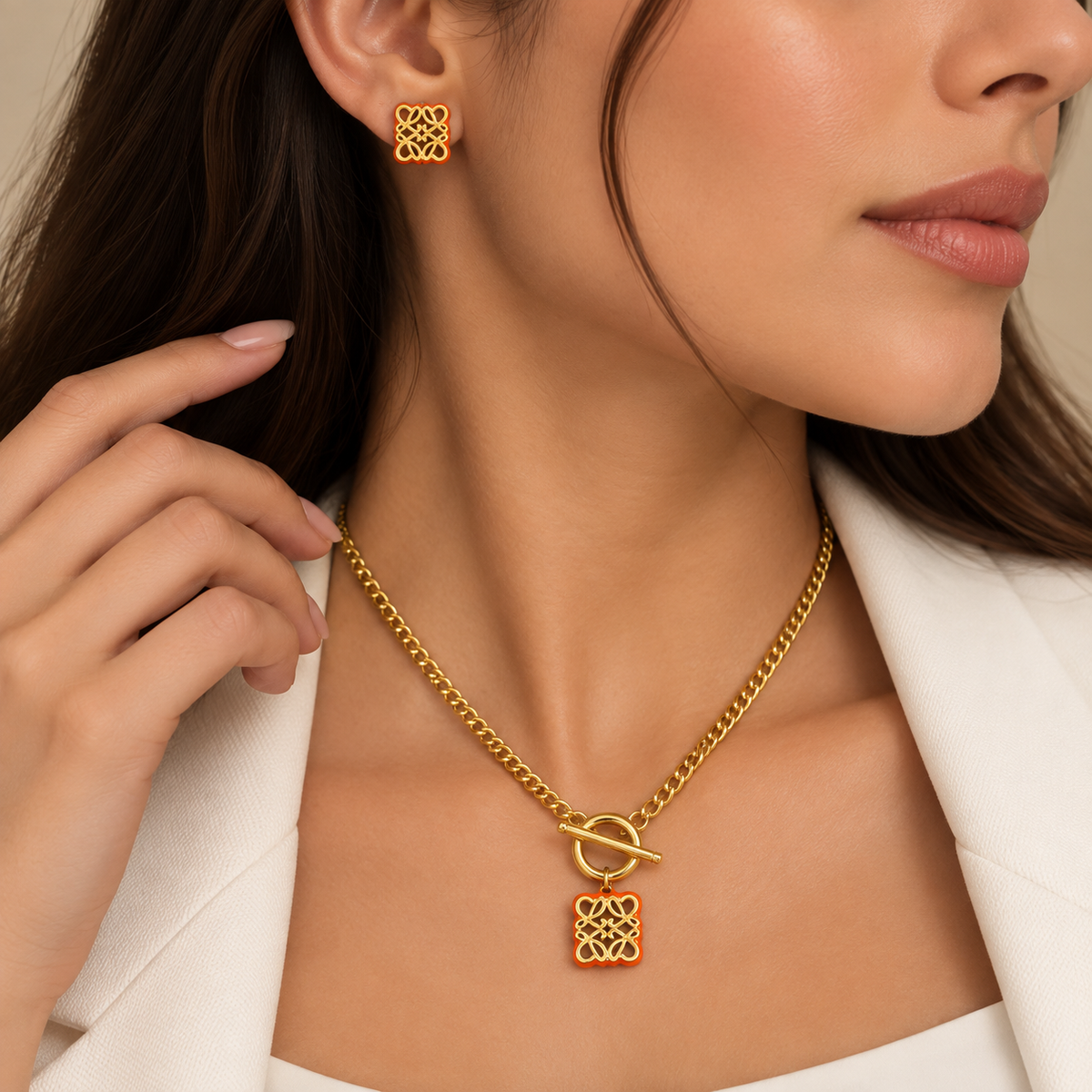 Gold Statement Pendant Necklace & Earrings Set