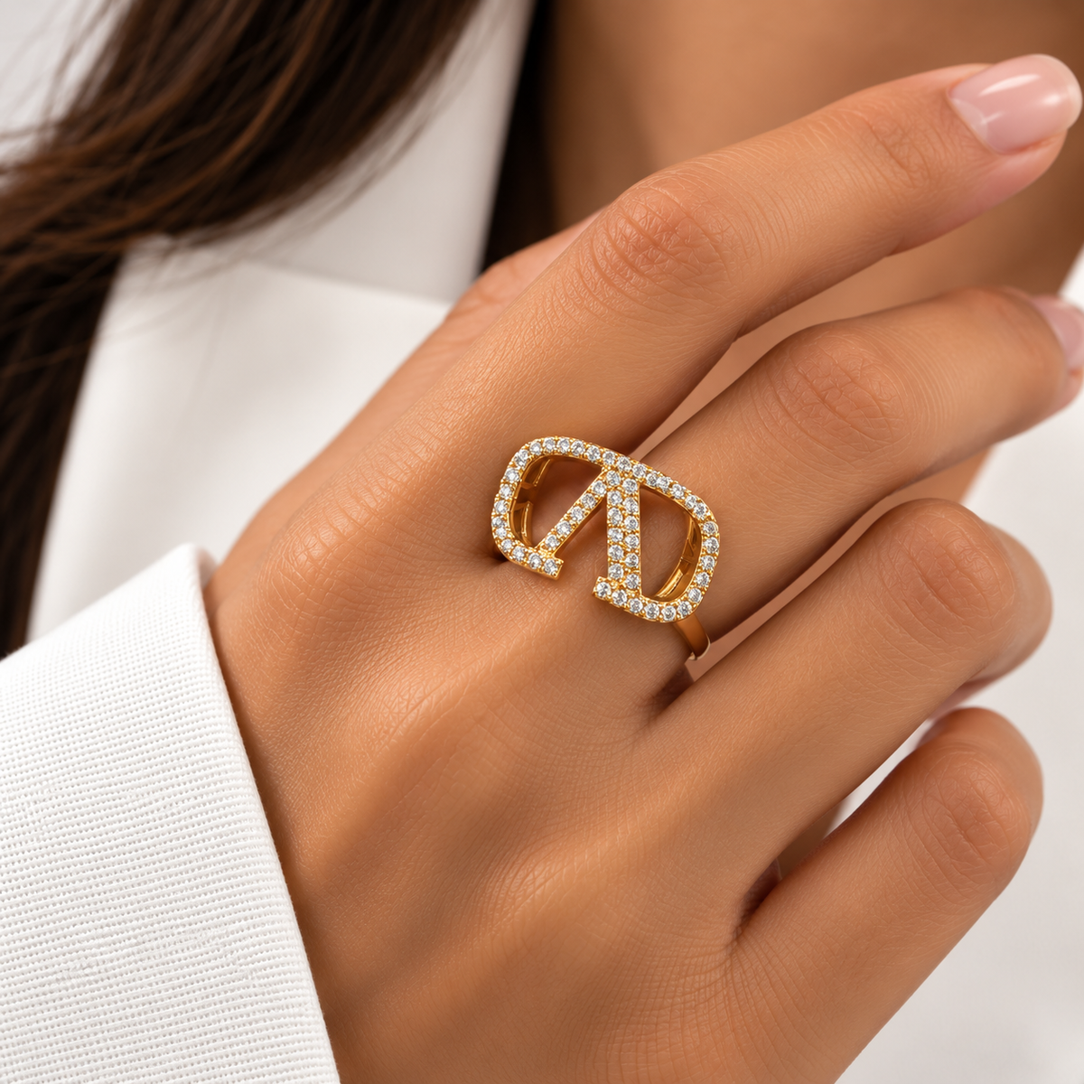 Gold V Crystal Statement Ring free size