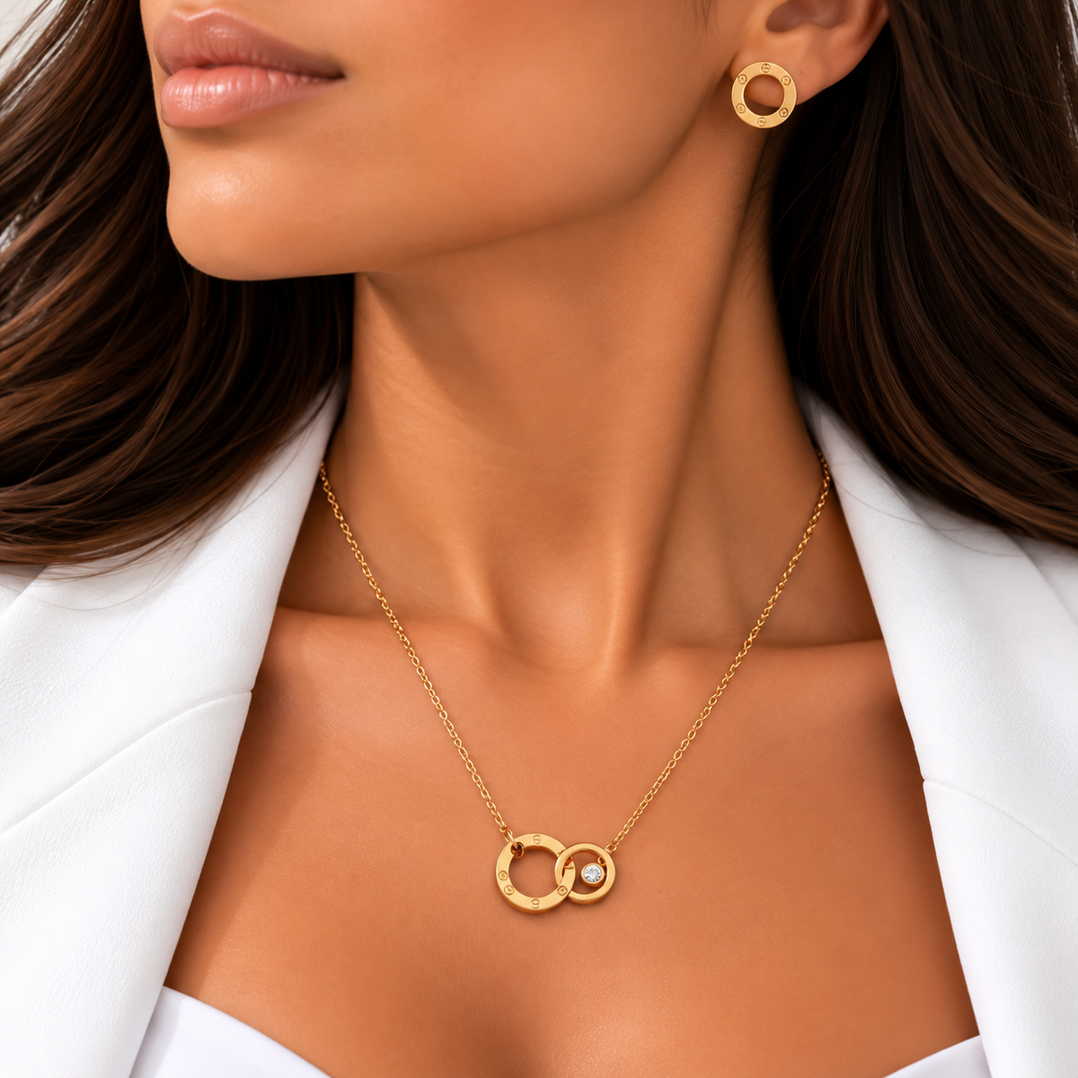 Gold Double Circle Necklace & Earrings Set