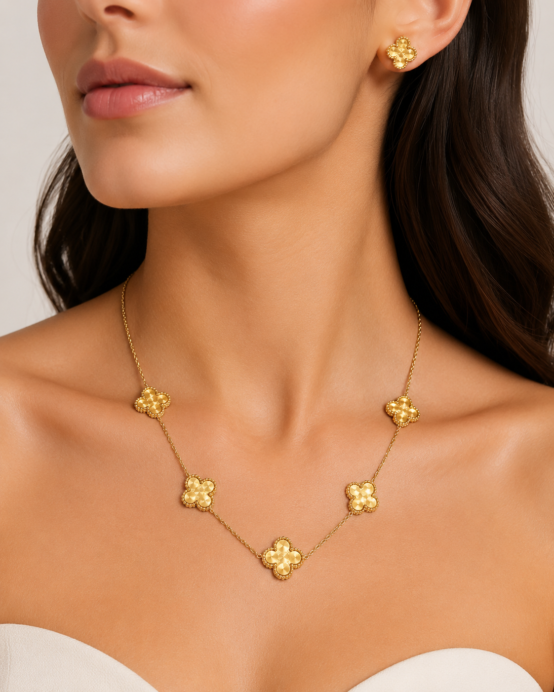 Van Cleef & Arpels Vintage Alhambra 5-Motif Necklace & Stud Earrings Set – Gold