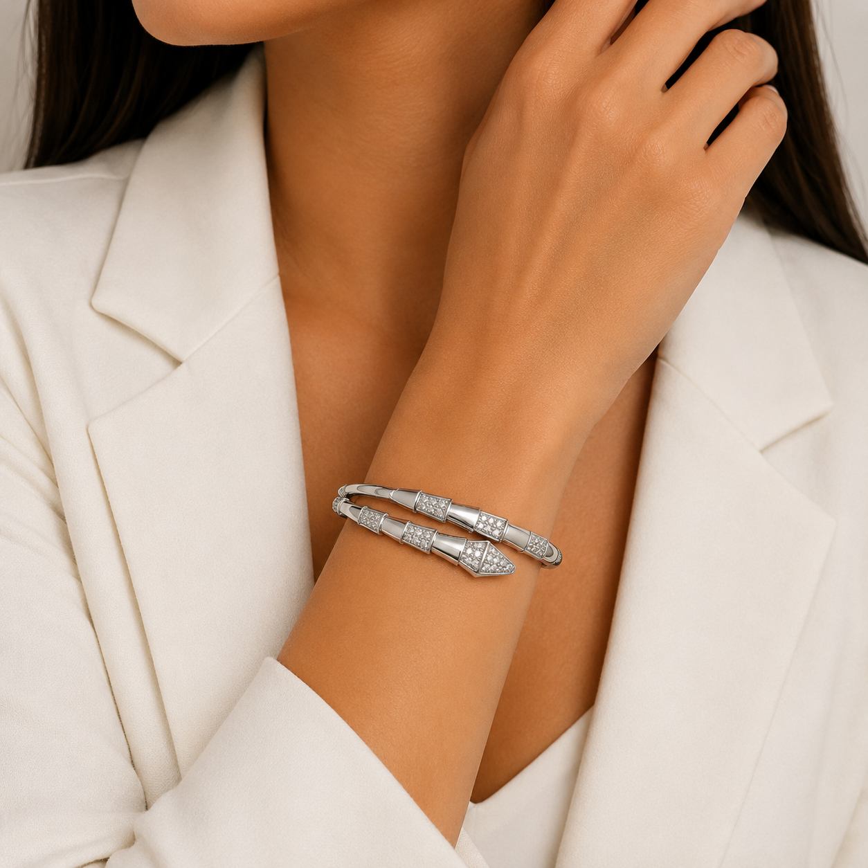 Silver Double Wrap Crystal Bangle