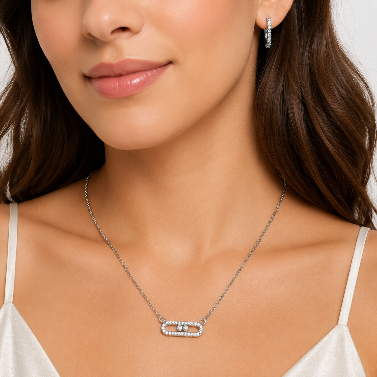 chaîne d'Ancre Crystal Necklace & Hoop Earrings Set – Silver