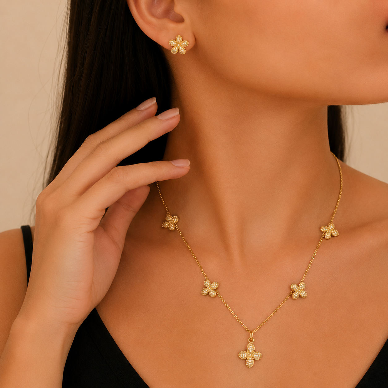 Gold Floral Charm Necklace & Earrings Set