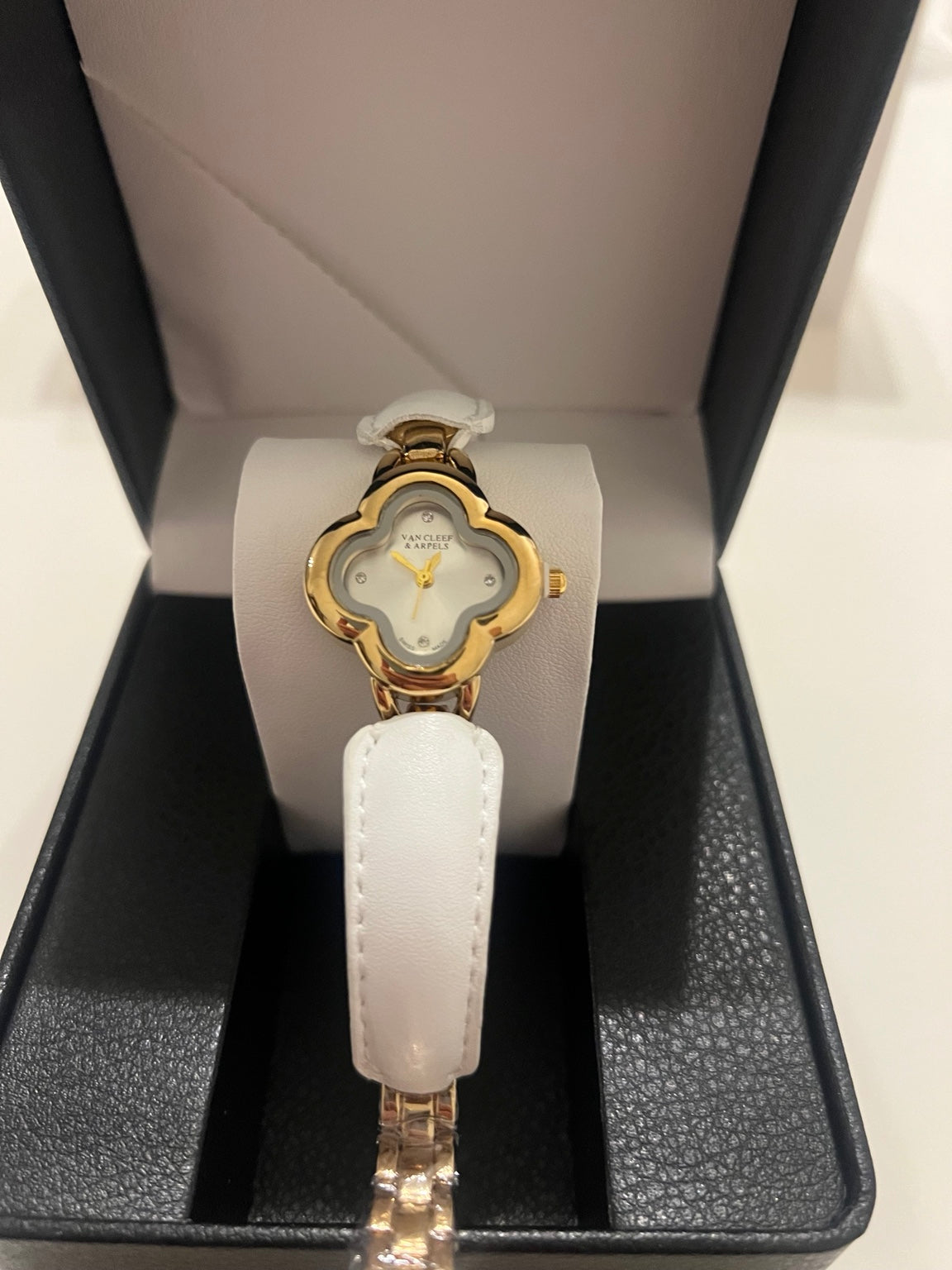 an Cleef & Arpels Alhambra White Leather Strap Watch – Gold Edition