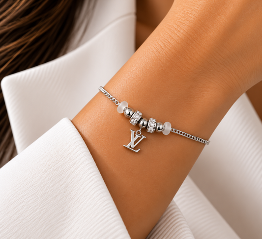 Silver LV Beaded Charm Bracelet