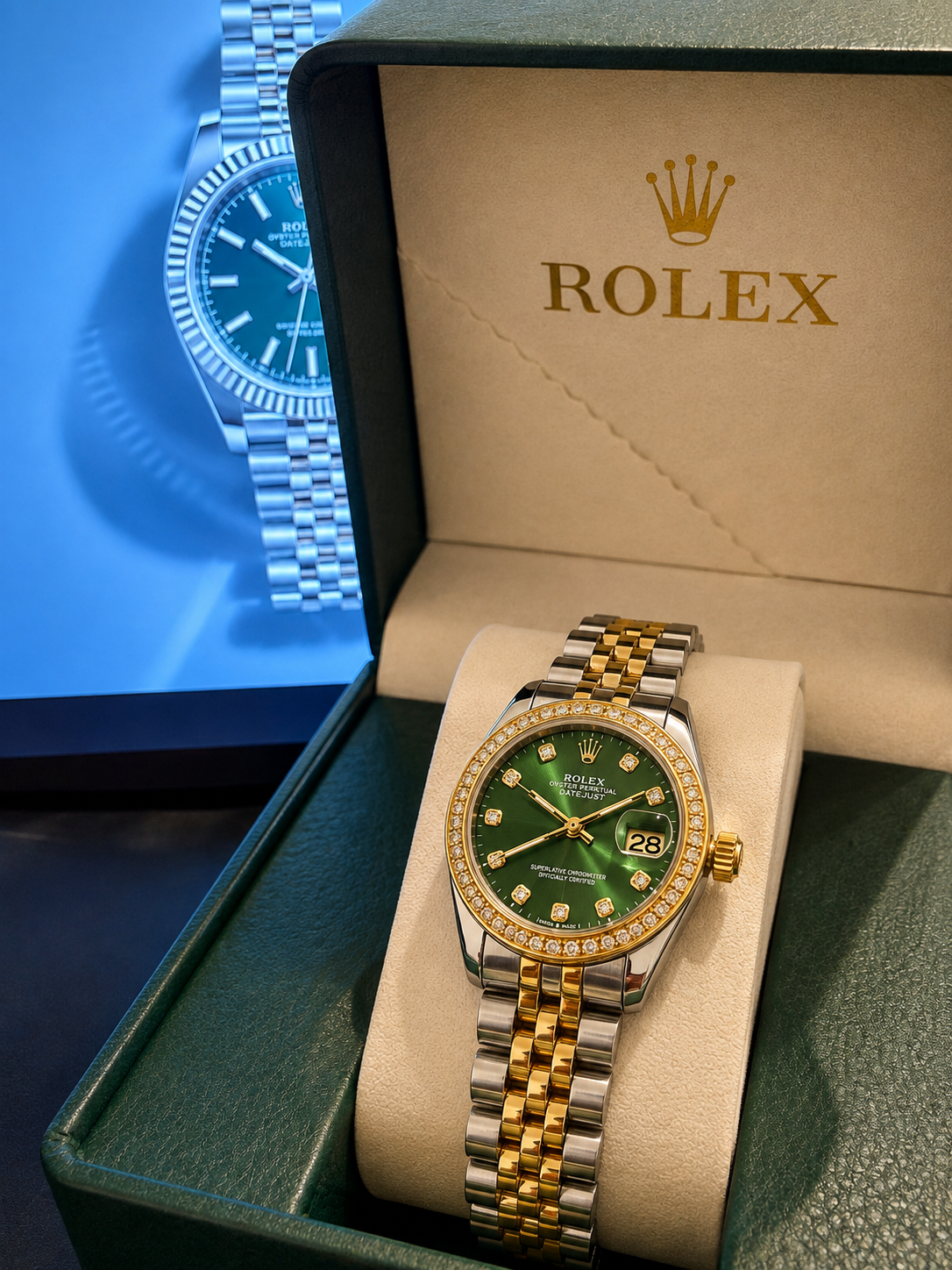 Rolex Two-Tone Green Diamond Watch