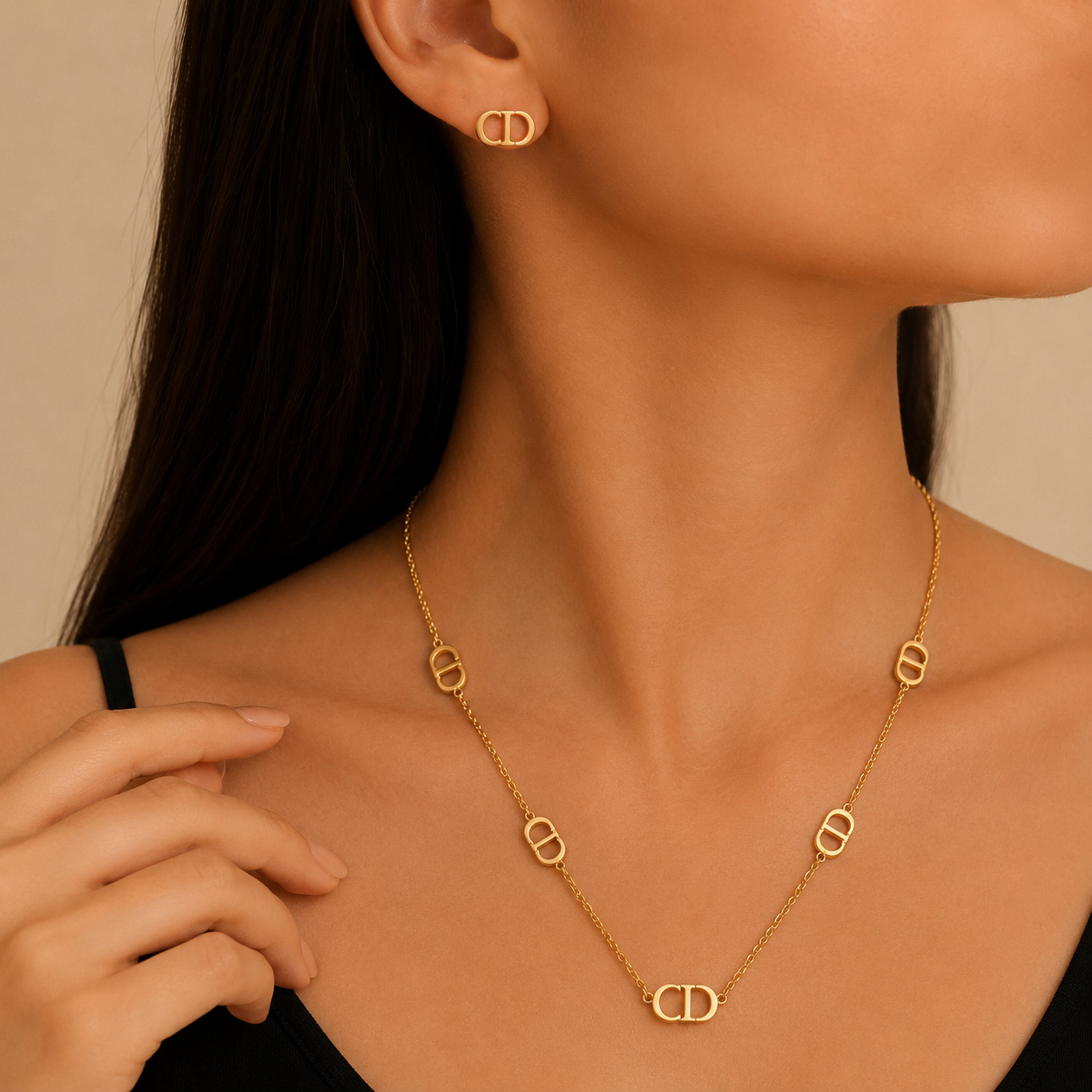 Gold CD Charm Necklace & Earrings Set