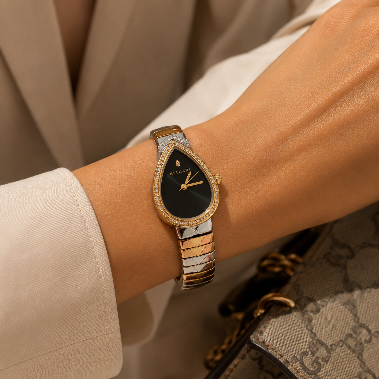 Bvlgari Serpenti Two-Tone Diamond Watch (Black Dial)