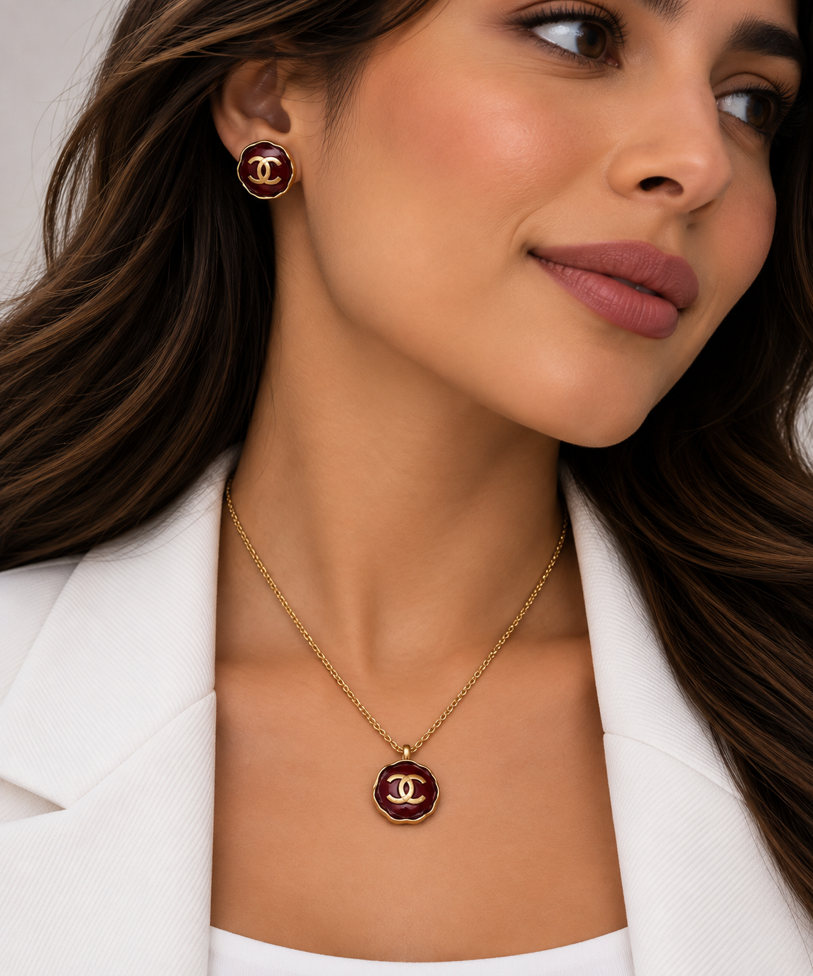 Burgundy CC Necklace & Earrings Set