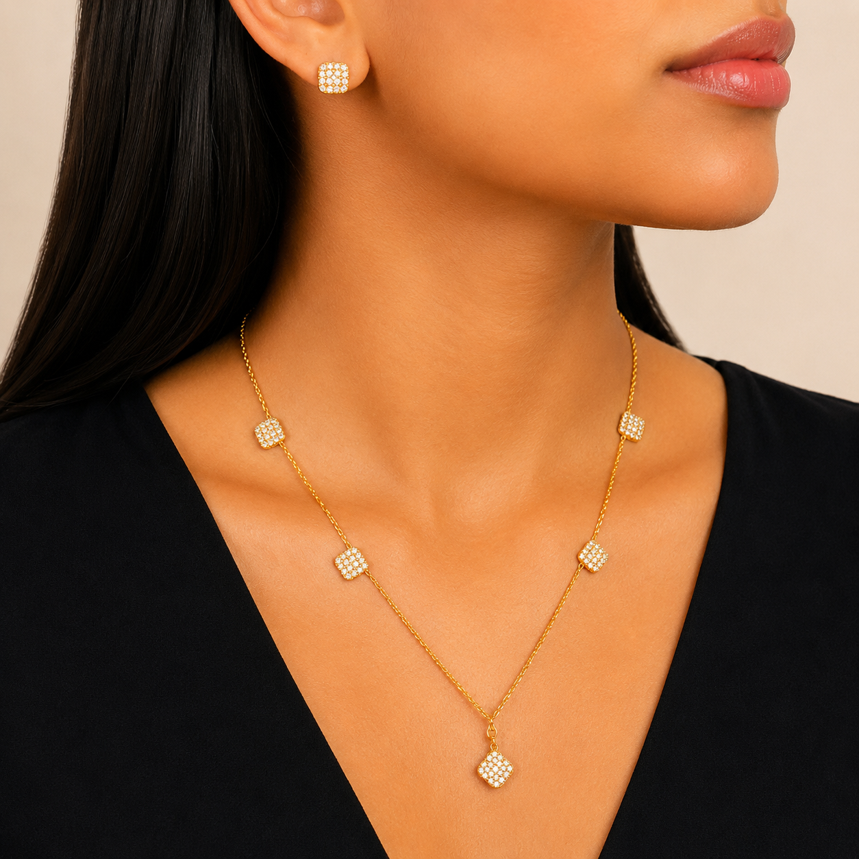 Gold Square Crystal Jewelry Set