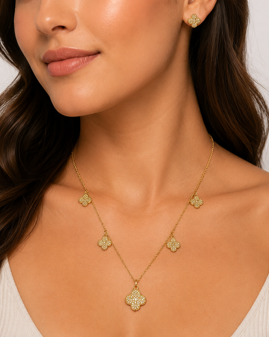Van Cleef & Arpels Vintage Alhambra Pave 5-Motif Necklace & Stud Earrings Set – Gold