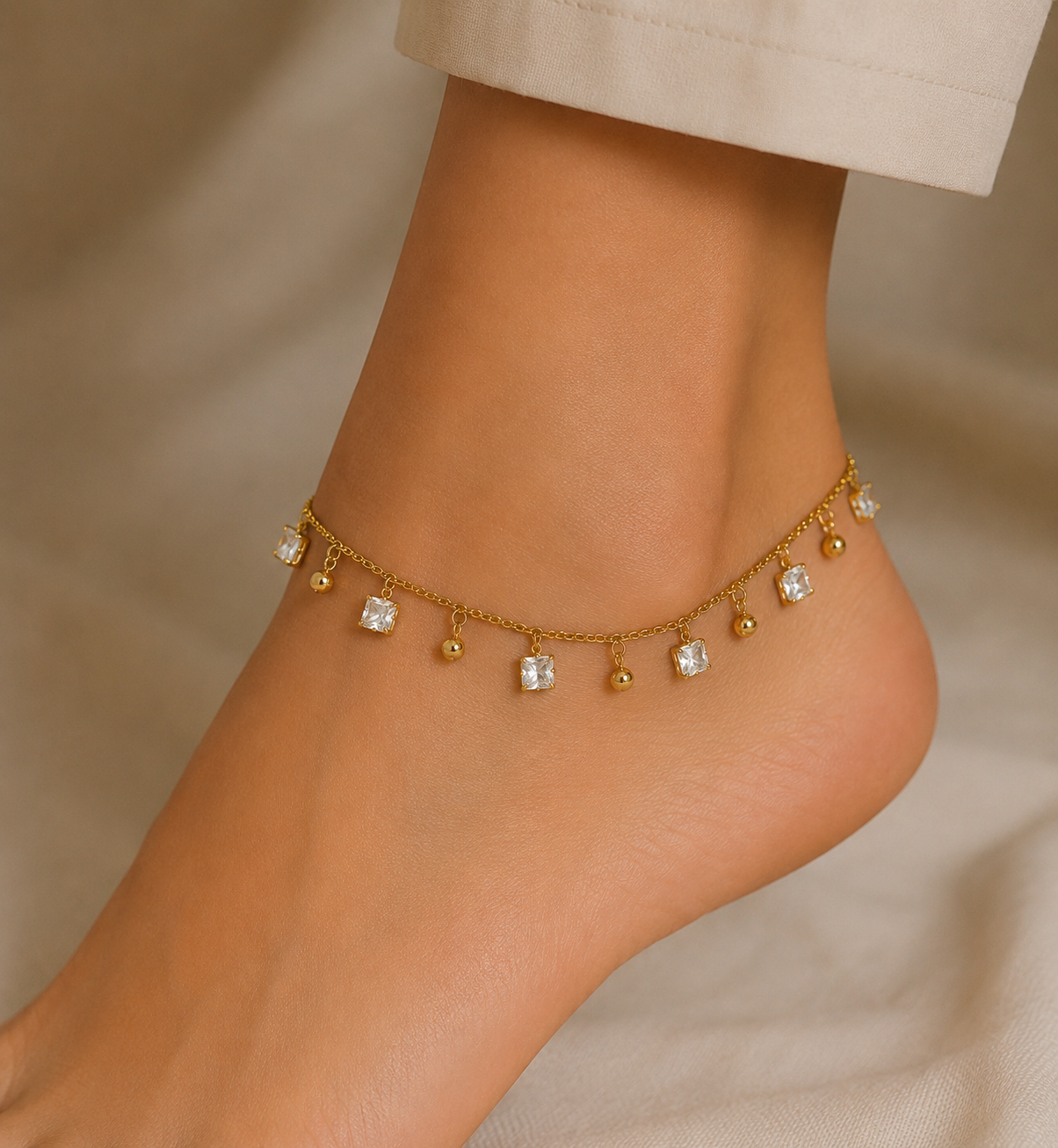Gold Crystal Charm Anklet
