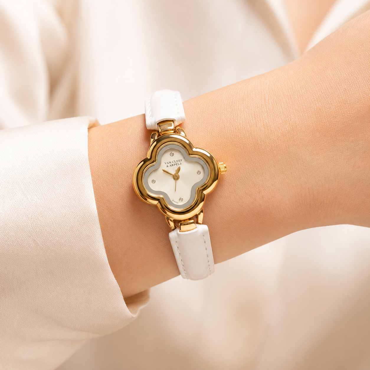 an Cleef & Arpels Alhambra White Leather Strap Watch – Gold Edition
