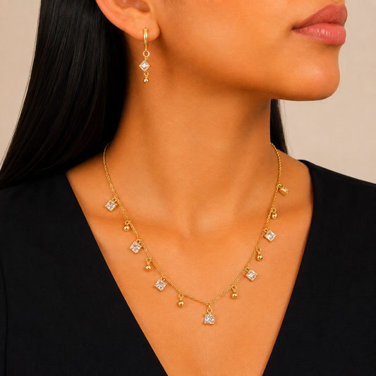 Gold Square Drop Crystal Jewelry Set
