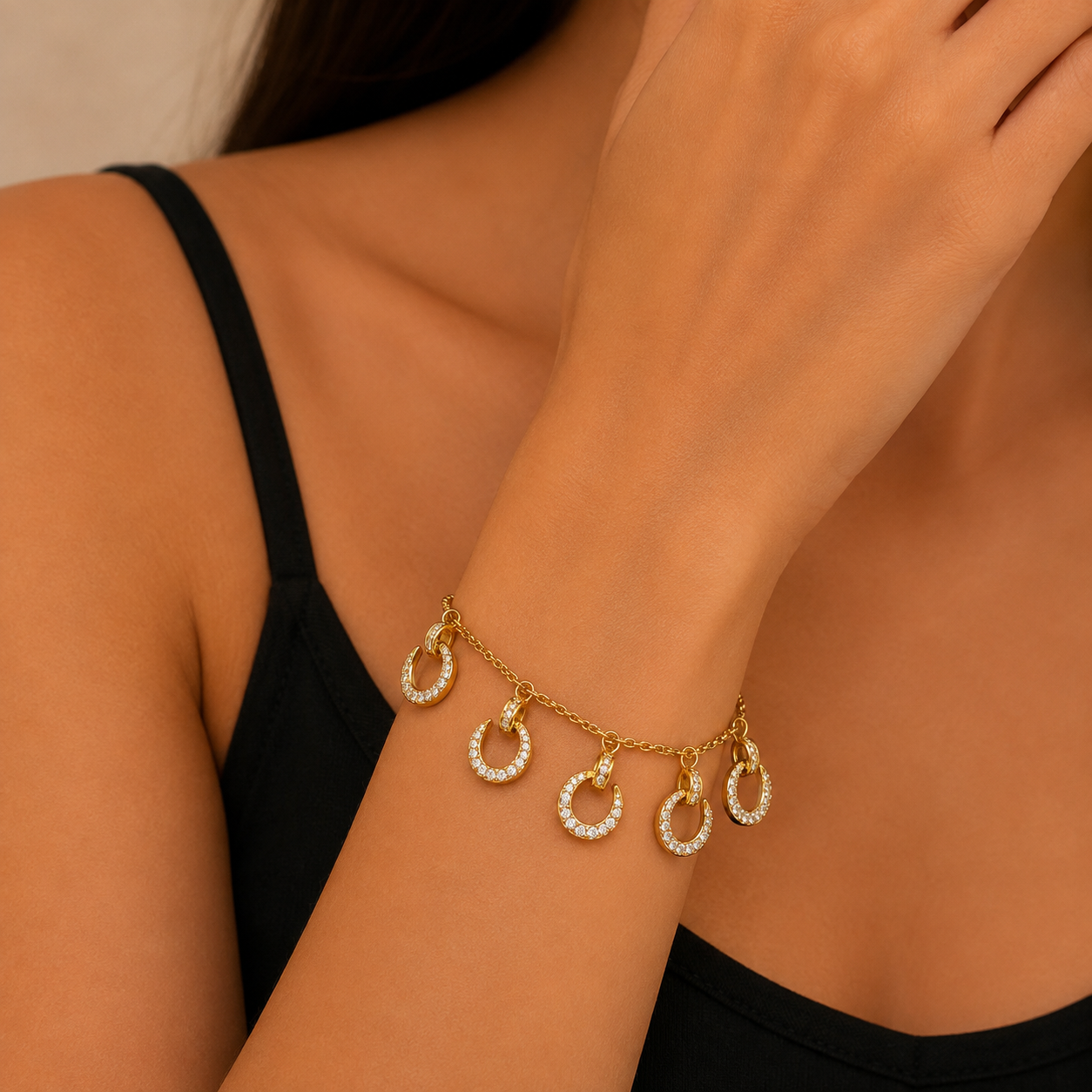 Gold Crystal Horseshoe Charm Bracelet