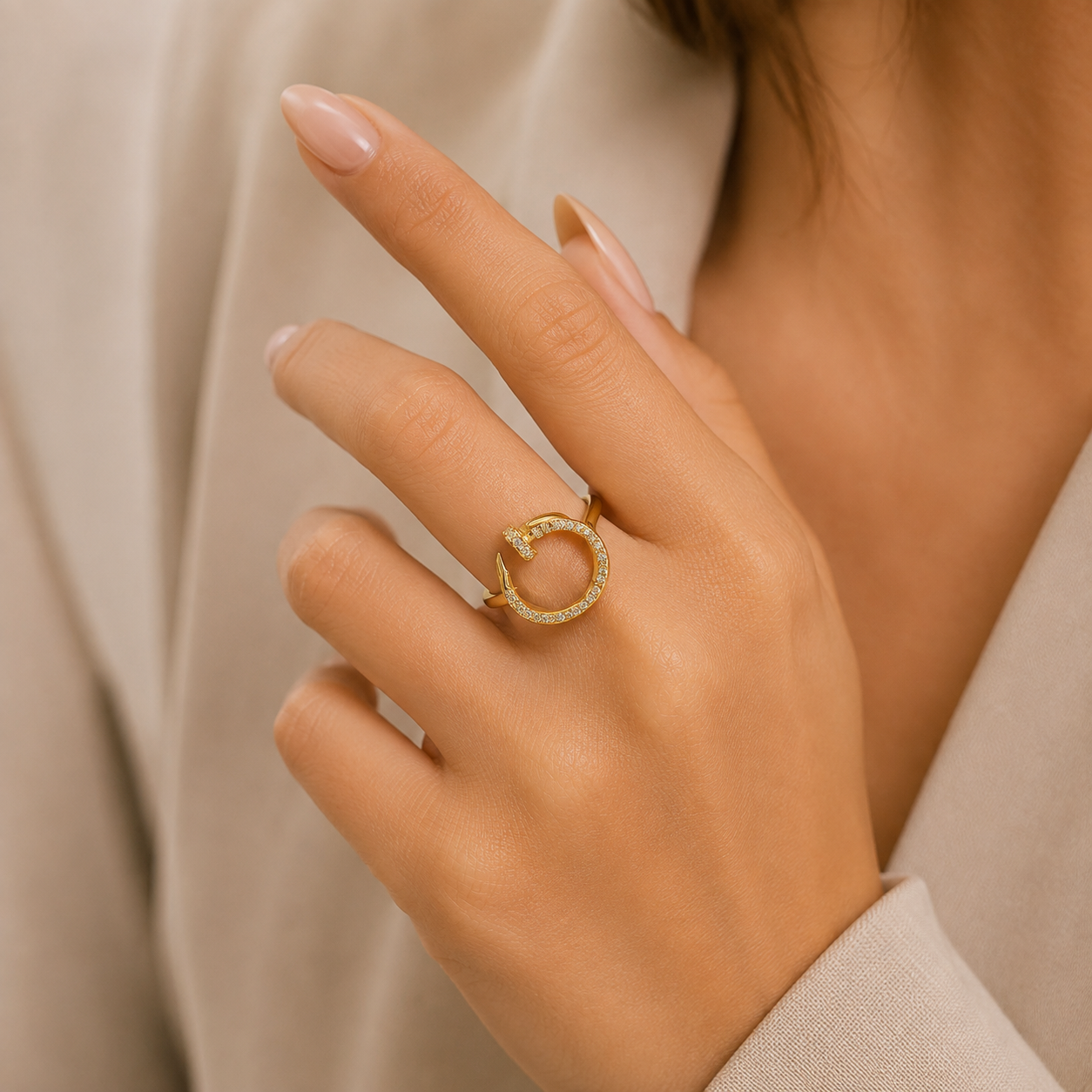 Golden Pavé Nail Statement Ring