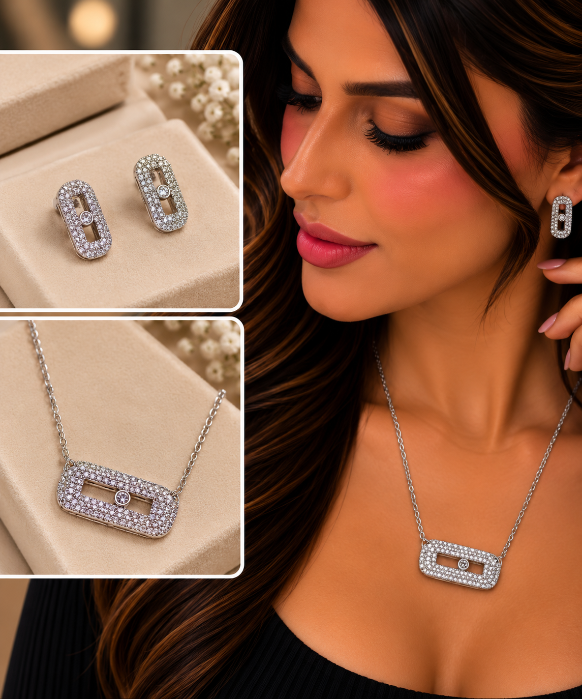Silver Oval Crystal Necklace & Earrings Set