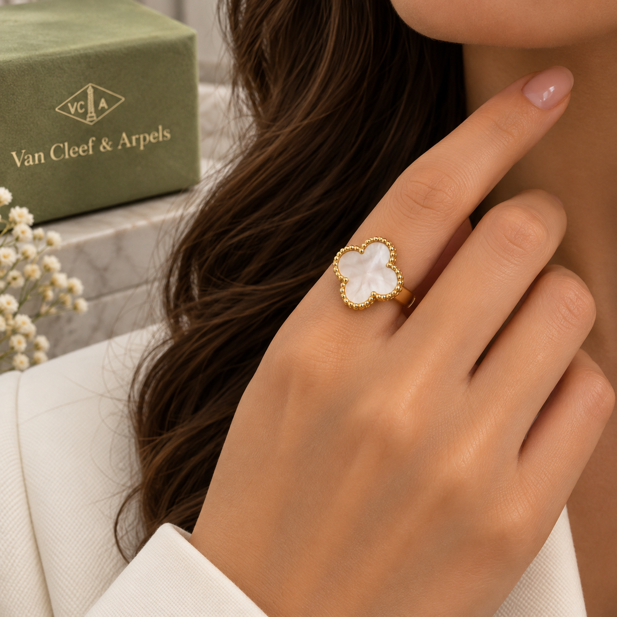 White Mother-of-Pearl Clover Ring