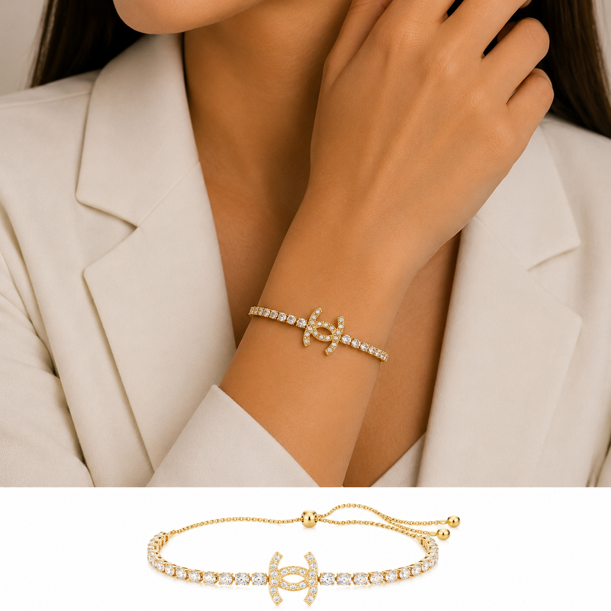 Gold Crystal Logo Tennis Bracelet
