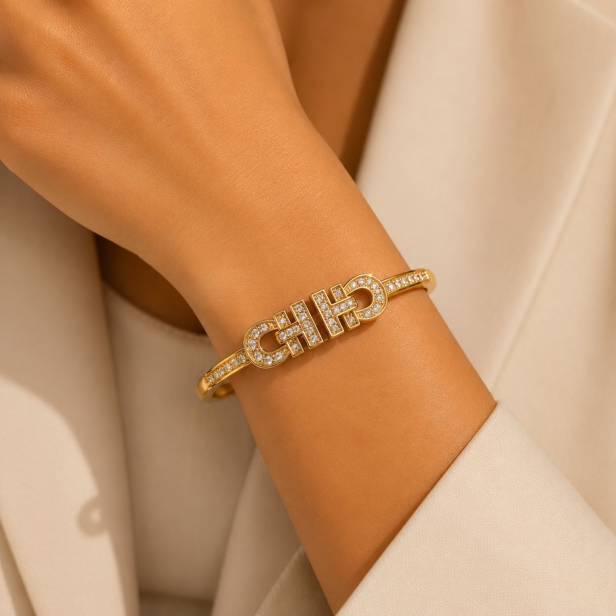 Golden Crystal Monogram Bangle Bracelet