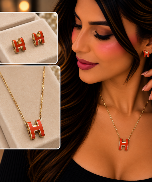 Orange H Necklace & Earrings Set