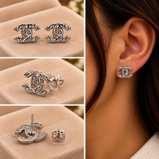 Silver CC Filigree Stud Earrings
