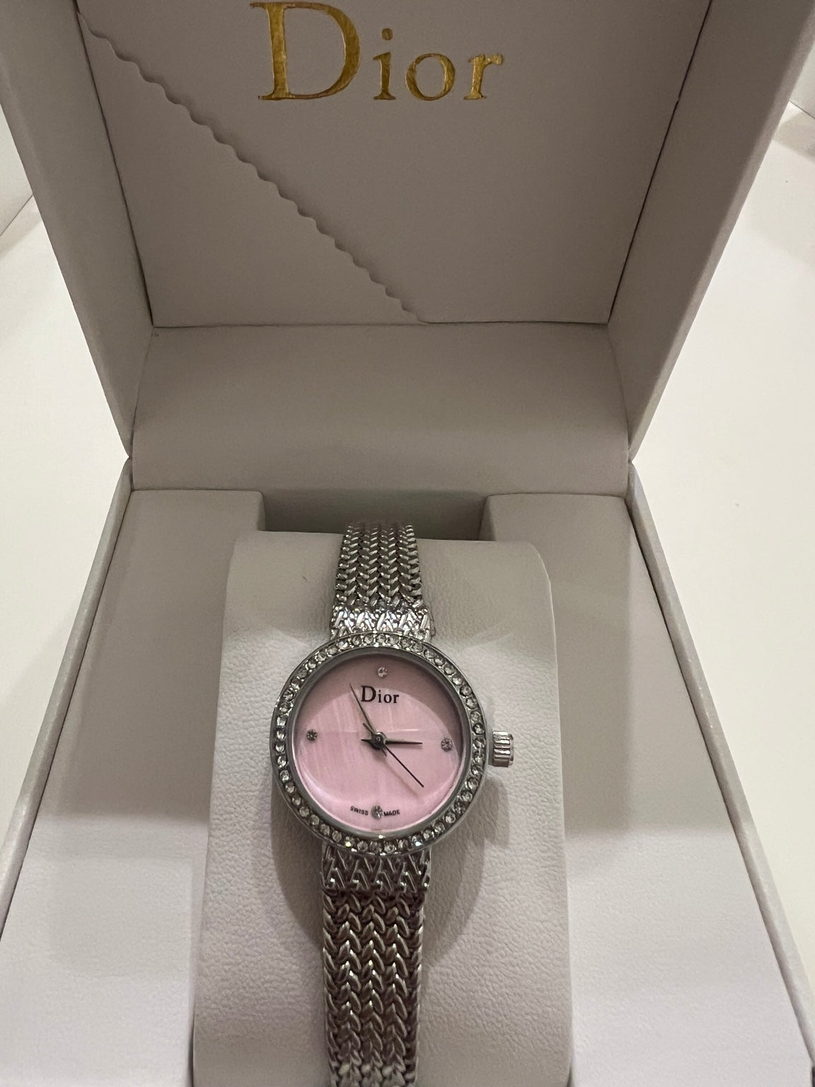 Dior Women's Silver Crystal Watch – Pink Dial