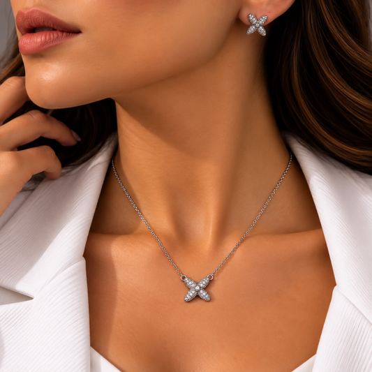 Silver Crystal Flower Jewelry Set