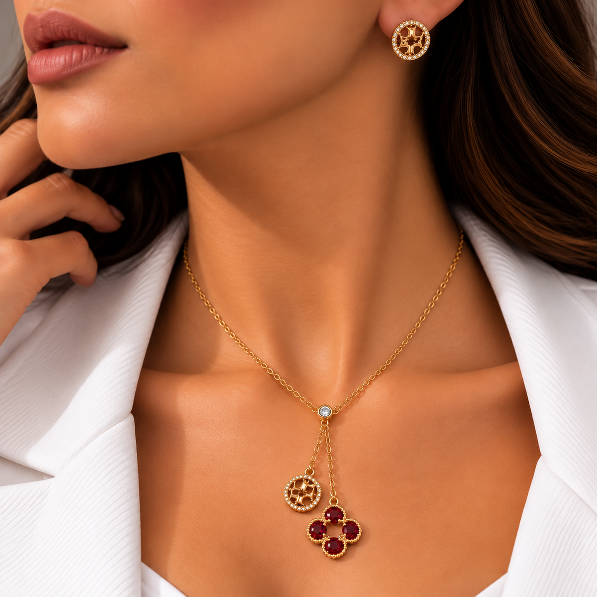 Ruby Red Clover Charm Jewelry Set – Gold