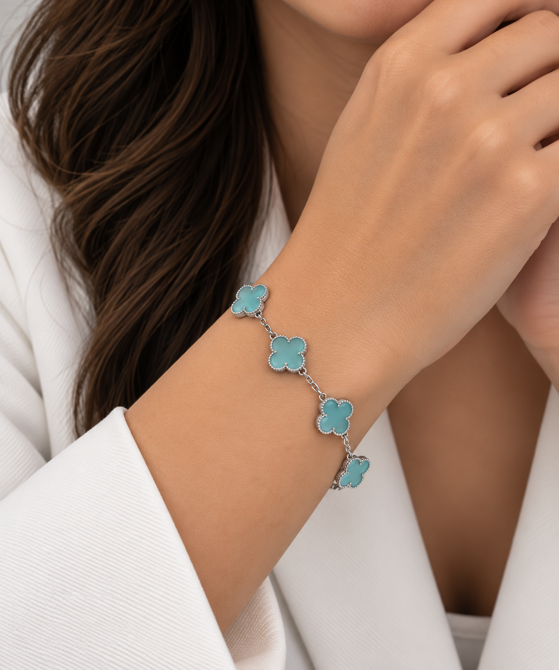 Turquoise & Silver Five-Clover Bracelet