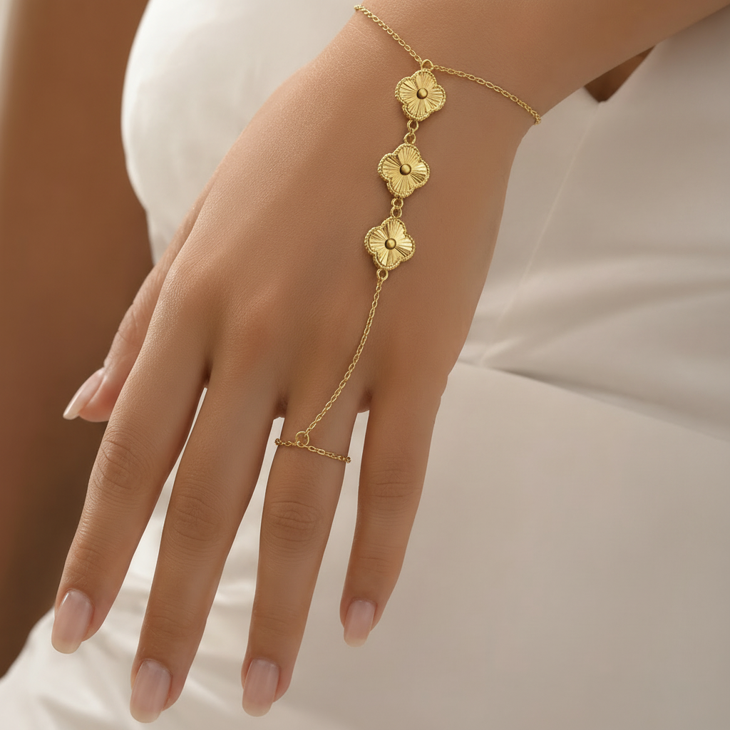 Hand Chain Bracelet – Gold Clover Design
